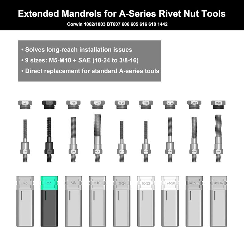 CORWIN Store M6 Extended Rivet Nut Gun Mandrels and Nosepiece Set, Specifically Designed for Installing Pre-bulbed Rivet Nuts and Similar Threaded Inserts Multi-Grip - Image 2